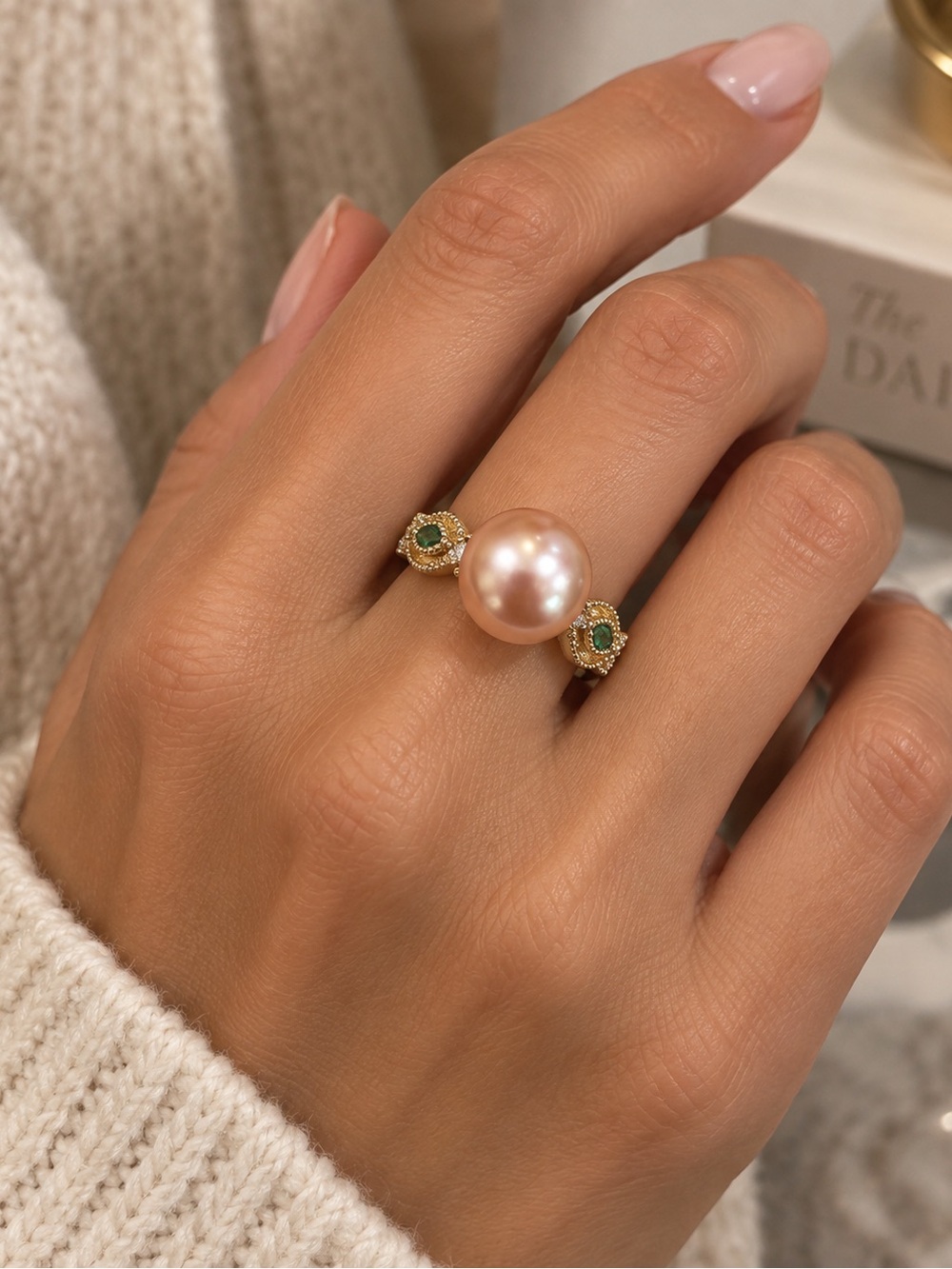 Freshwater Edison Pearl 18k Gold Plated Ring W/ CZ Green Accent Stones